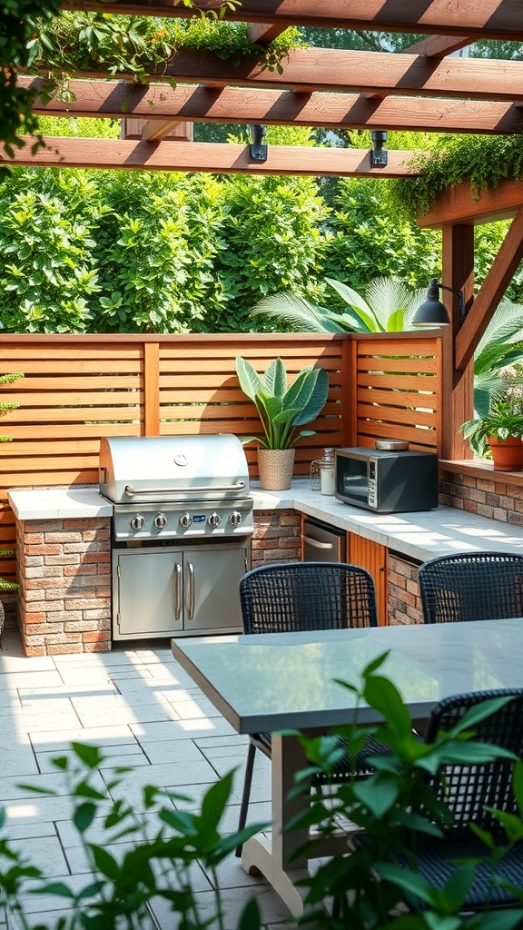 A rustic outdoor kitchen featuring a grill, stone countertops, and lush greenery.