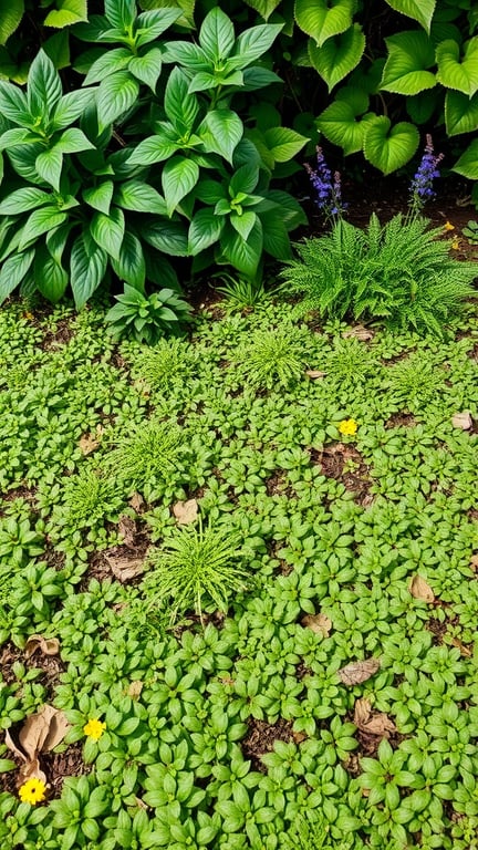 Lush green ground cover plants with various textures and colors in a garden setting.