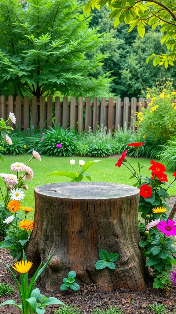 A rustic tree stump surrounded by colorful flowers in a garden.
