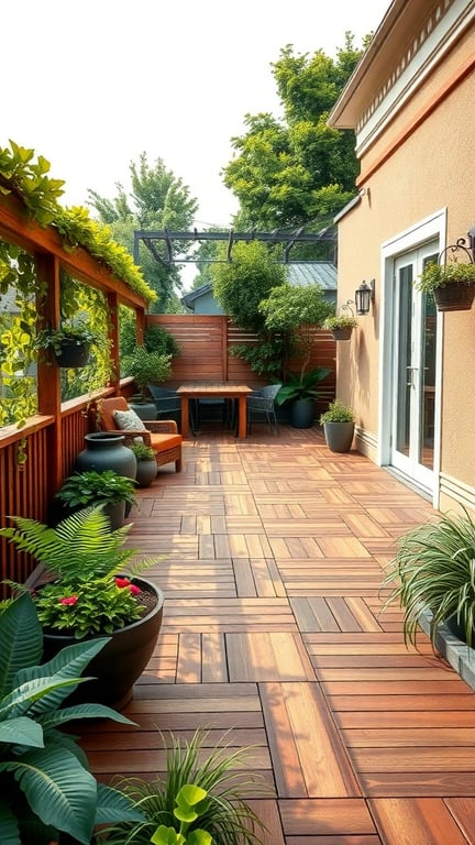 A terrace with wooden decking, surrounded by plants and seating areas.