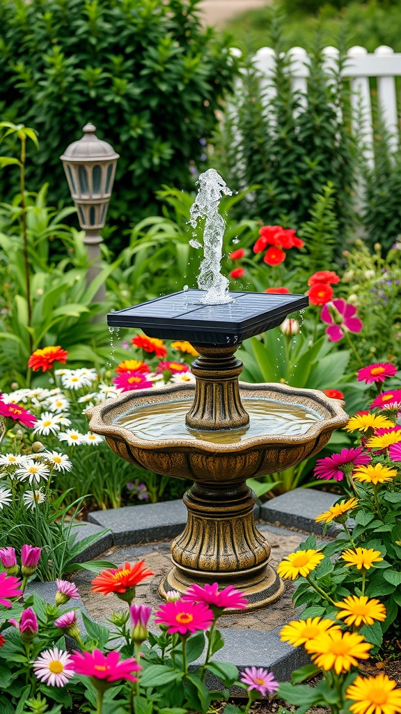 A solar-powered fountain surrounded by colorful flowers in a garden.