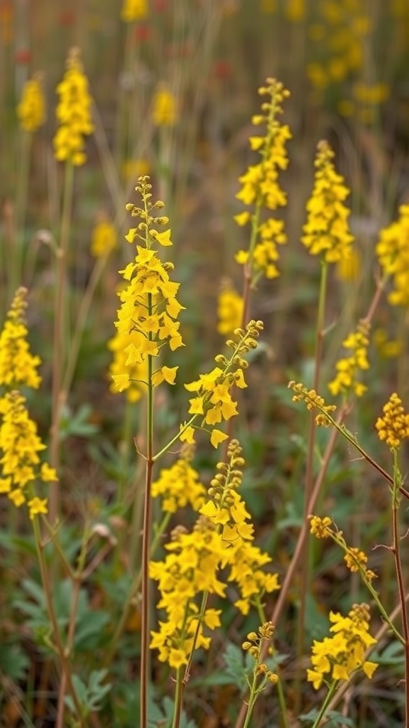 A field of goldenrod flowers in bloom, showcasing bright yellow spikes against a blurred background.