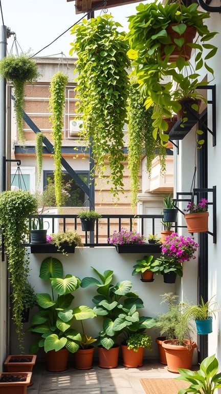 A terrace garden featuring various hanging plants and potted plants arranged on shelves.