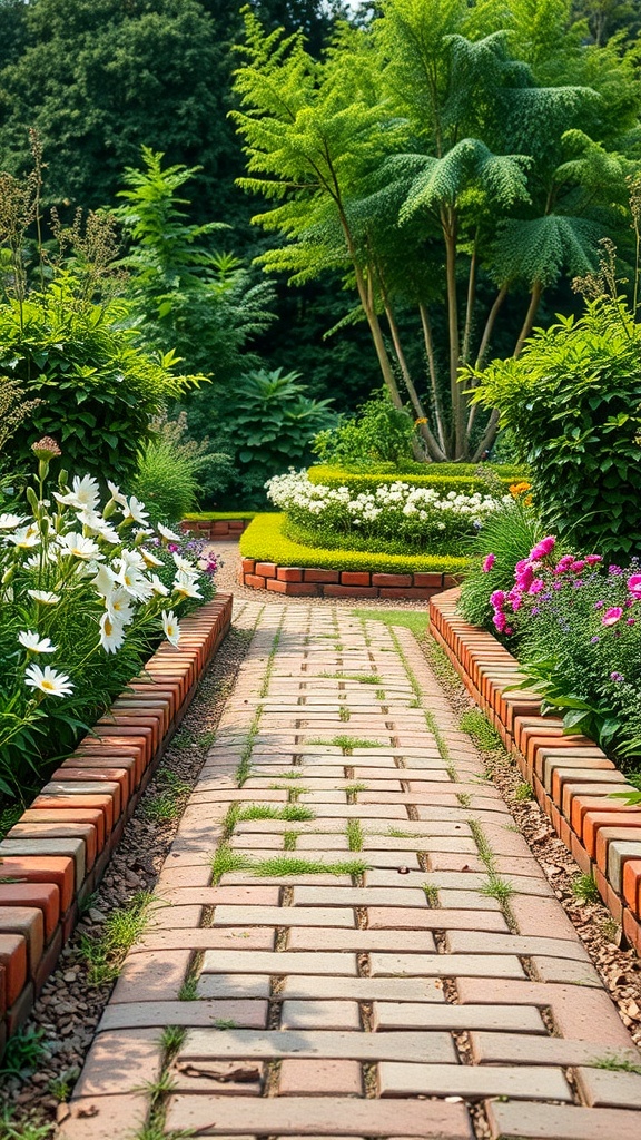 A rustic garden pathway lined with brick edging and colorful flowers.