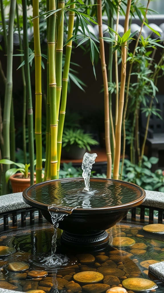 A bamboo water fountain with flowing water and surrounding greenery.