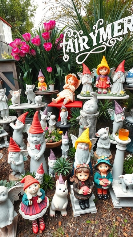 A collection of whimsical garden statues including gnomes, children, and animals surrounded by flowers.