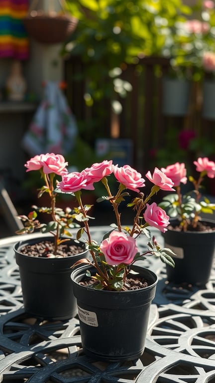 Miniature rose plants in black pots on a table