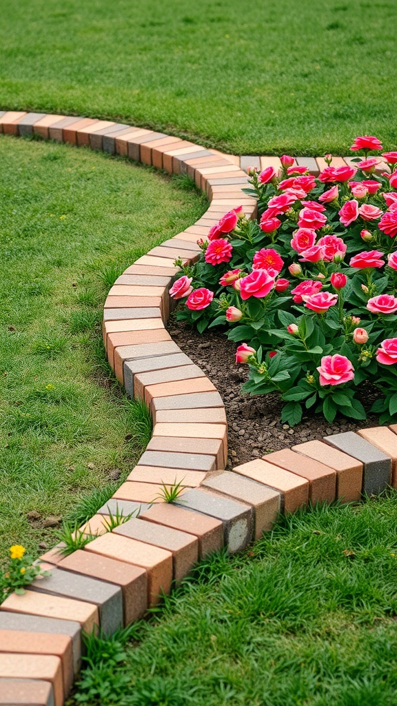 Curved brick garden edging surrounding pink flowers