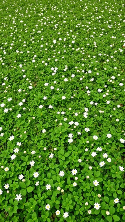 A lush green lawn covered in clover and small white flowers.