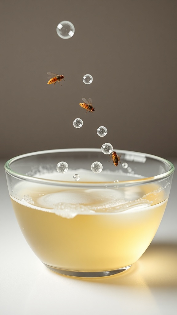 A bowl with cider vinegar and bubbles, with fruit flies hovering above.
