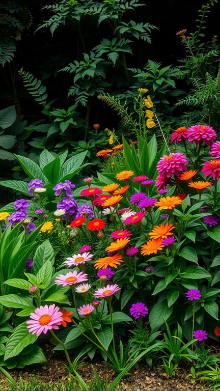 A vibrant collection of flowers in various colors, including pink, orange, and purple, set against lush green foliage in a shade garden.