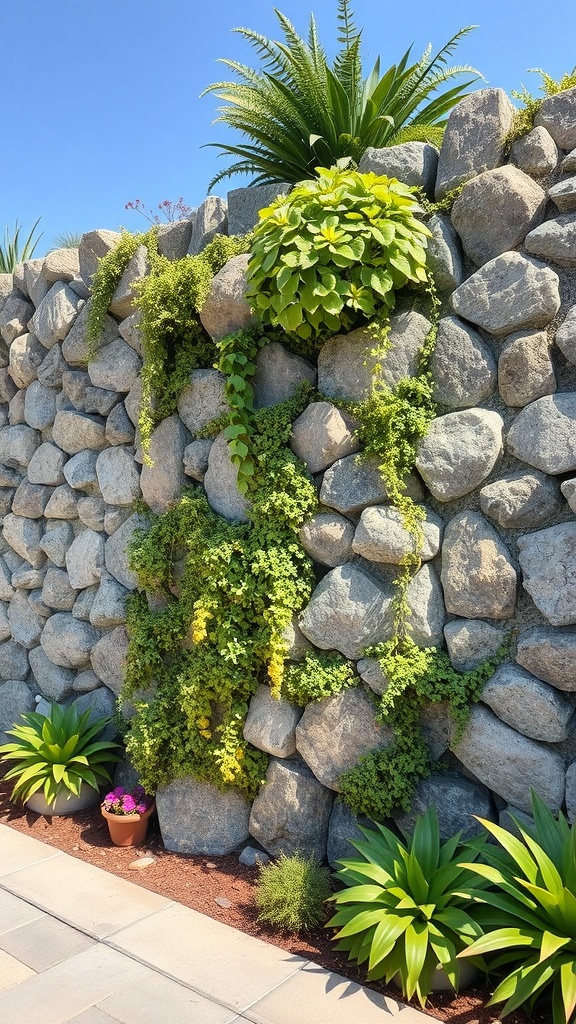 A vertical rock garden featuring a stone wall with various green plants cascading down, including ferns and trailing vines, with potted plants at the base.