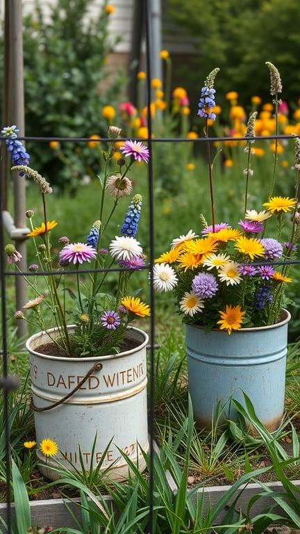 Two vintage containers filled with colorful flowers in a garden setting.