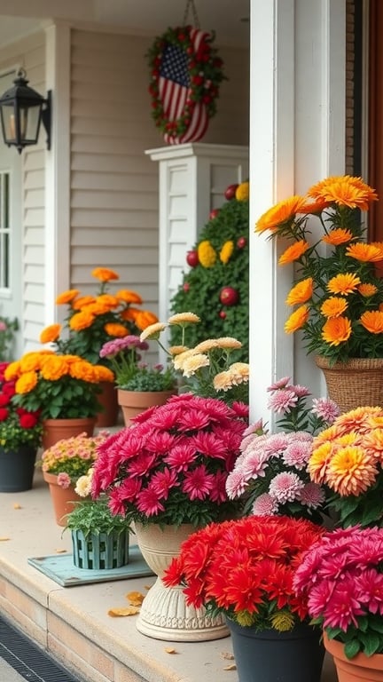 Colorful potted chrysanthemums in various shades displayed on a porch
