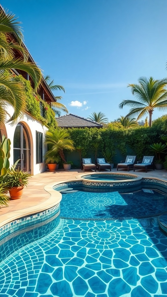 A beautiful backyard pool with an artistic mosaic design, surrounded by lounge chairs and tropical plants.