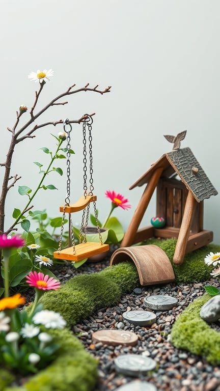 A miniature fairy garden featuring a wooden swing, a small house, colorful flowers, and a mossy pathway.