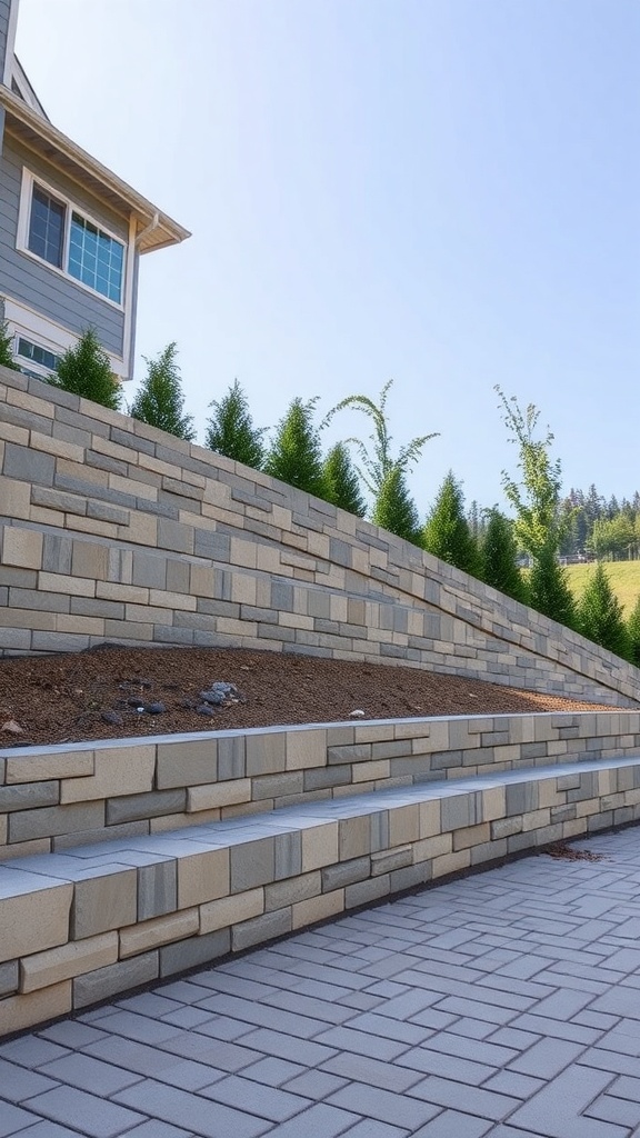 Retaining wall made of interlocking concrete pavers on a slope with greenery in the background.