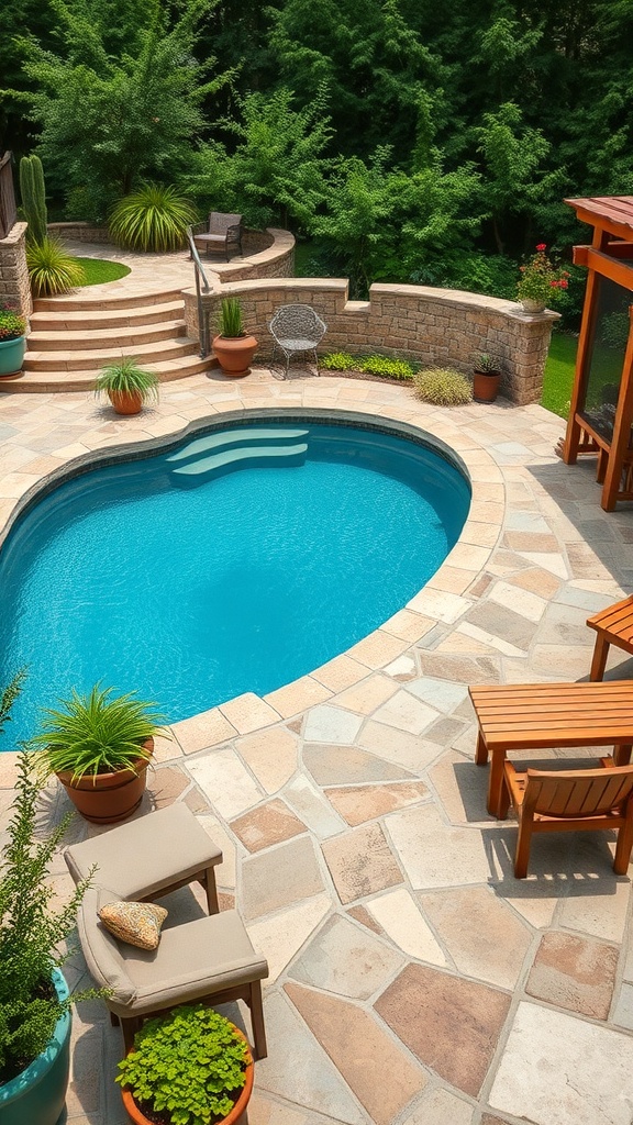 A rustic stone patio surrounding a pool, featuring natural elements and comfortable seating.