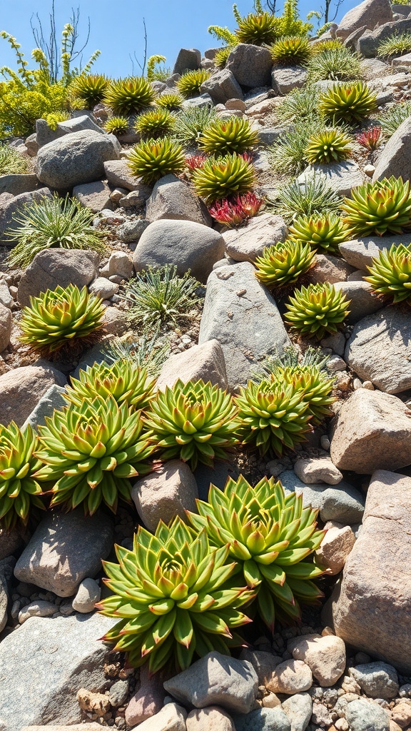 Clusters of vibrant green sedum plants growing among rocks in a sunny garden setting.
