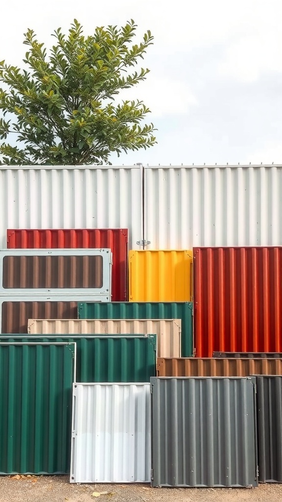 A variety of corrugated metal fence panels in different colors and finishes.