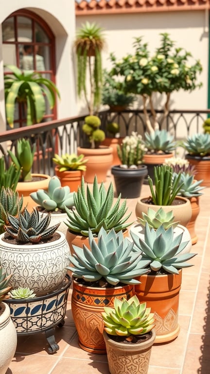 A variety of succulents arranged in decorative pots on a terrace.
