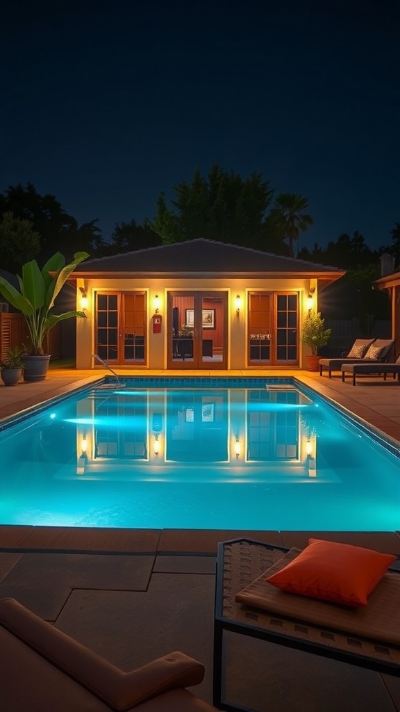 A beautifully lit backyard pool at night with a cozy patio.