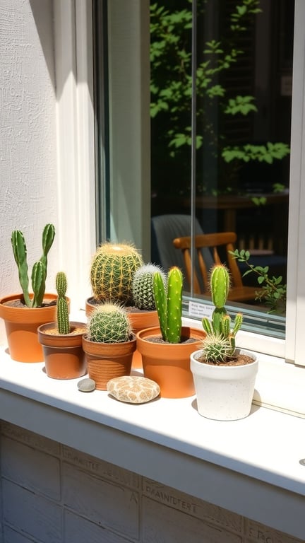 An arrangement of various cacti in terracotta and ceramic pots on a sunny windowsill.