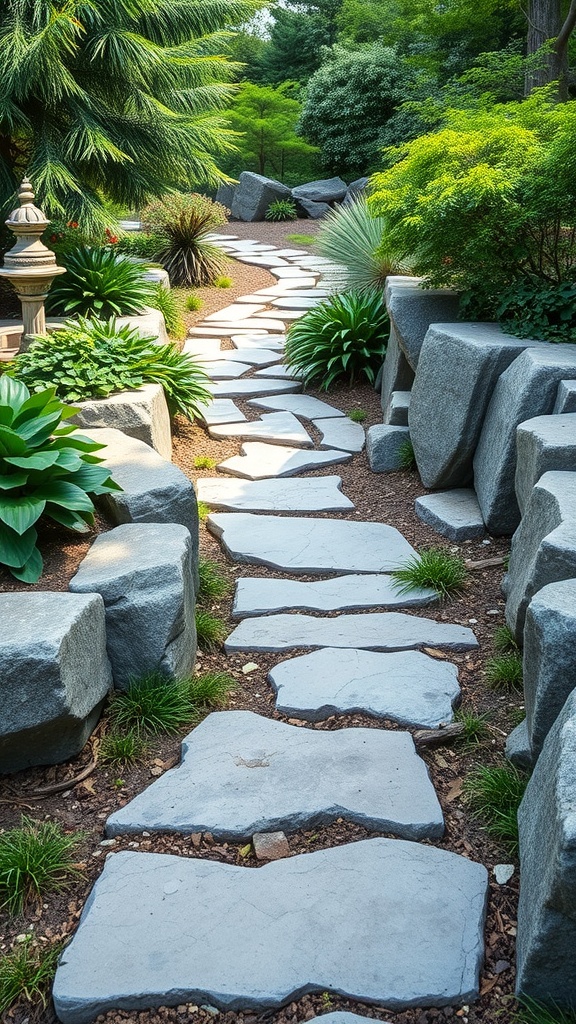 A winding pathway made of large stones surrounded by lush green plants.