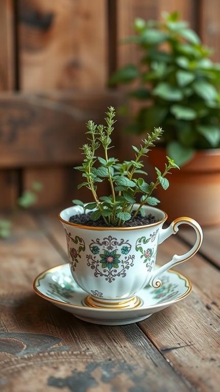 A decorative teacup with herbs growing inside, placed on a wooden surface.