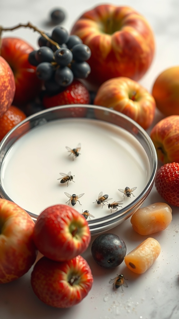 A bowl of milk with fruit flies surrounded by various fruits.