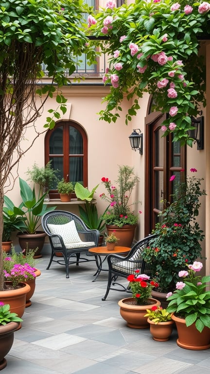 Cozy terrace garden seating area with potted plants and flowers