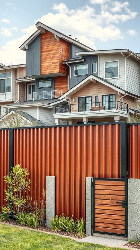 A modern home with a corrugated metal fence featuring a wooden gate and landscaped garden.