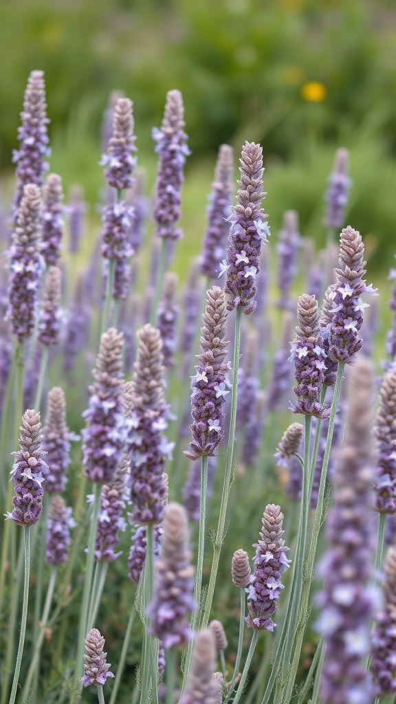 Cluster of tall Russian Sage flowers with purple blooms and silvery-green foliage.