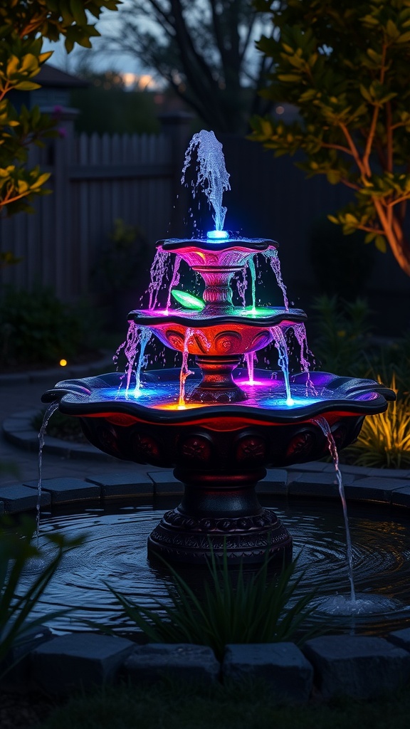 A solar water fountain with colorful LED lights at night, surrounded by greenery.