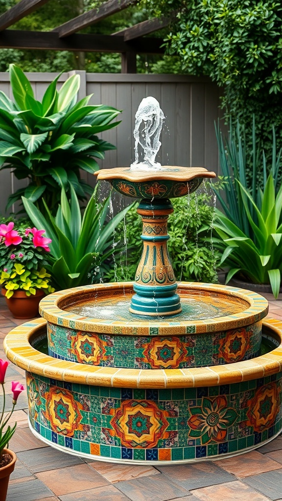 A beautiful mosaic tile water fountain surrounded by greenery and flowers.