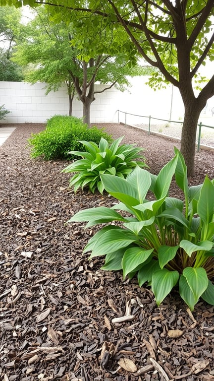 A shade garden with lush green plants surrounded by brown mulch.