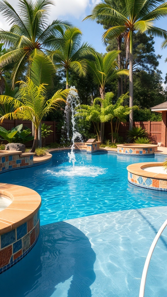 A beautiful backyard pool area with palm trees and a fountain.