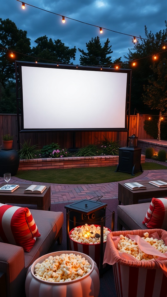 Outdoor movie theater setup with a large screen, cozy seating, and popcorn.