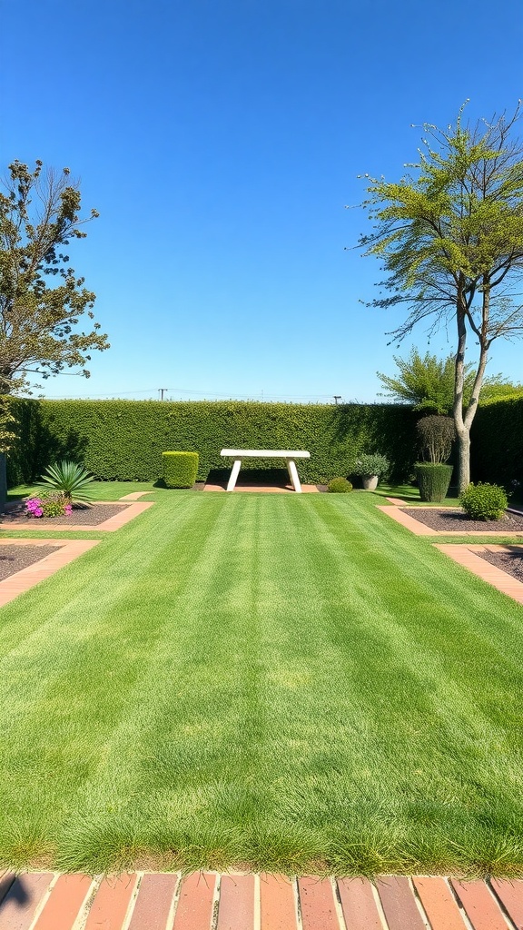 A well-maintained lawn with brick edging separating it from flower beds.