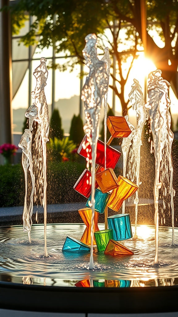 A colorful glass fountain with water flowing over vibrant glass pieces.