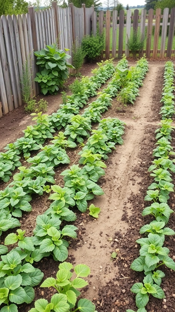 A backyard vegetable patch with rows of green plants and a wooden fence.