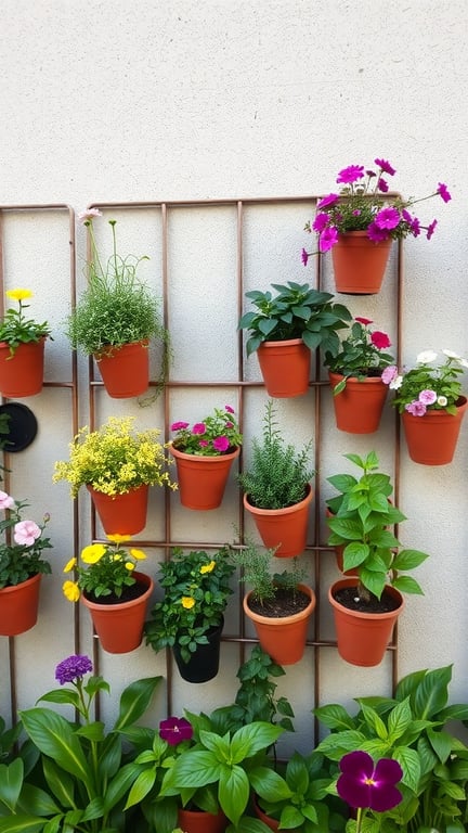 Vertical garden wall planters with colorful flowers in terracotta pots.