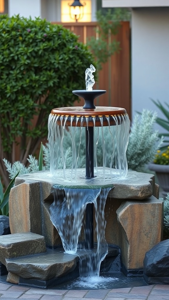 A tiered solar water fountain with a waterfall effect, surrounded by greenery.