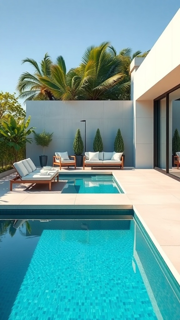 Modern minimalist pool design with sleek tiles and wooden lounge chairs