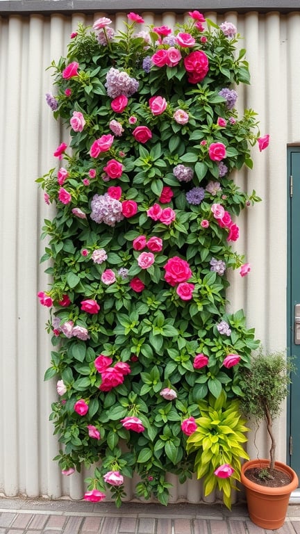 A vibrant vertical wall garden filled with pink and purple flowers against a textured wall.