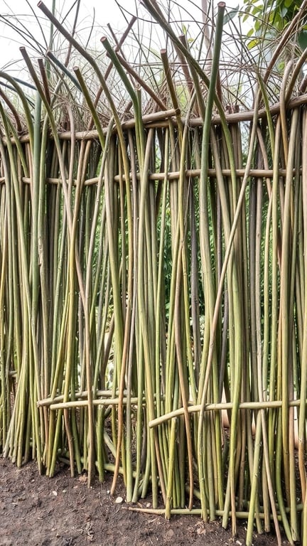 A close-up view of a living willow fence made from intertwined willow branches.