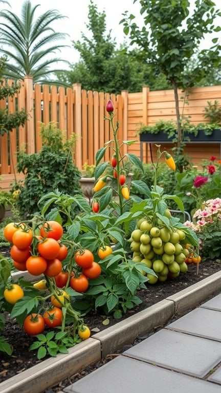 A vibrant patio garden featuring various tomatoes growing alongside lush greenery.