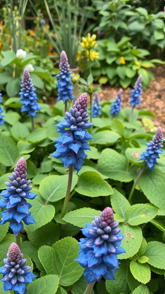 Blue flowers of Pulmonaria among green leaves in a garden