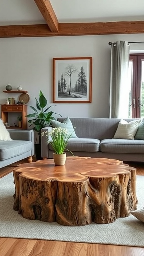 A rustic tree stump coffee table in a cozy living room setting.