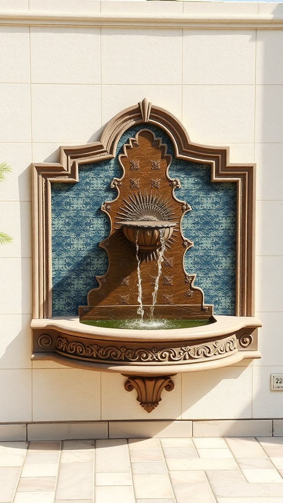 A decorative wall-mounted water fountain with a blue background and intricate design.